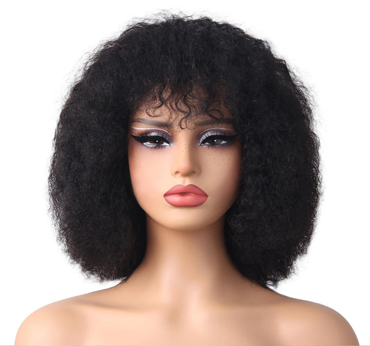 HAIRHOBBY Short Curly Wig Human Hair with Bangs, 12 Inch Water Wave Guleless Bob Wig Wear and Go Wigs for Black Woman Closure Natural Virgin Remy Hair 180% Density