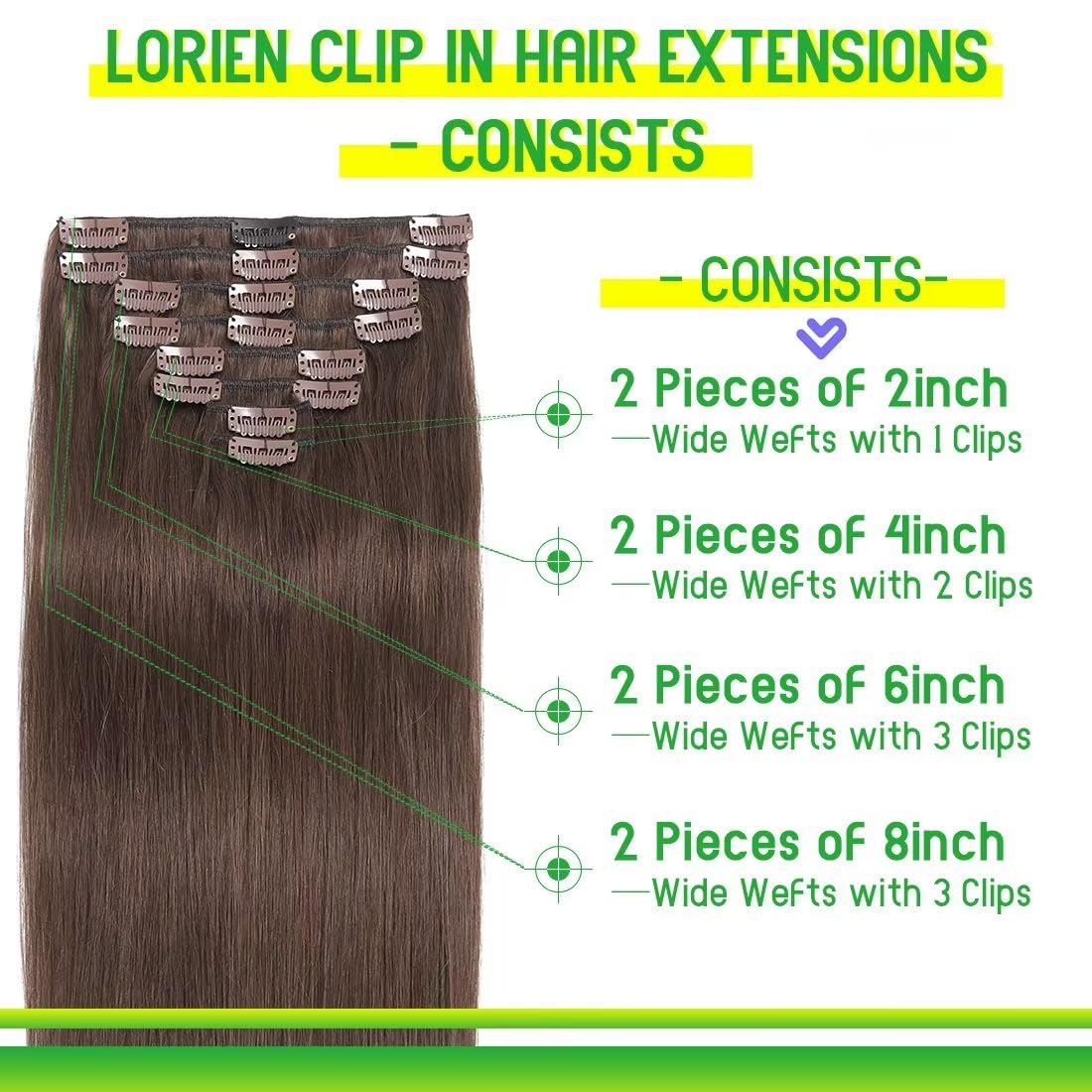 LORIEN Clip in Hair Extensions Real Human Hair, Premium Natural Brown Human Hair Clip in Extensions Double Weft, Soft Hair Extensions Real Human Hair Clip ins Straight (22 Inch 90g #4 Dark Brown)