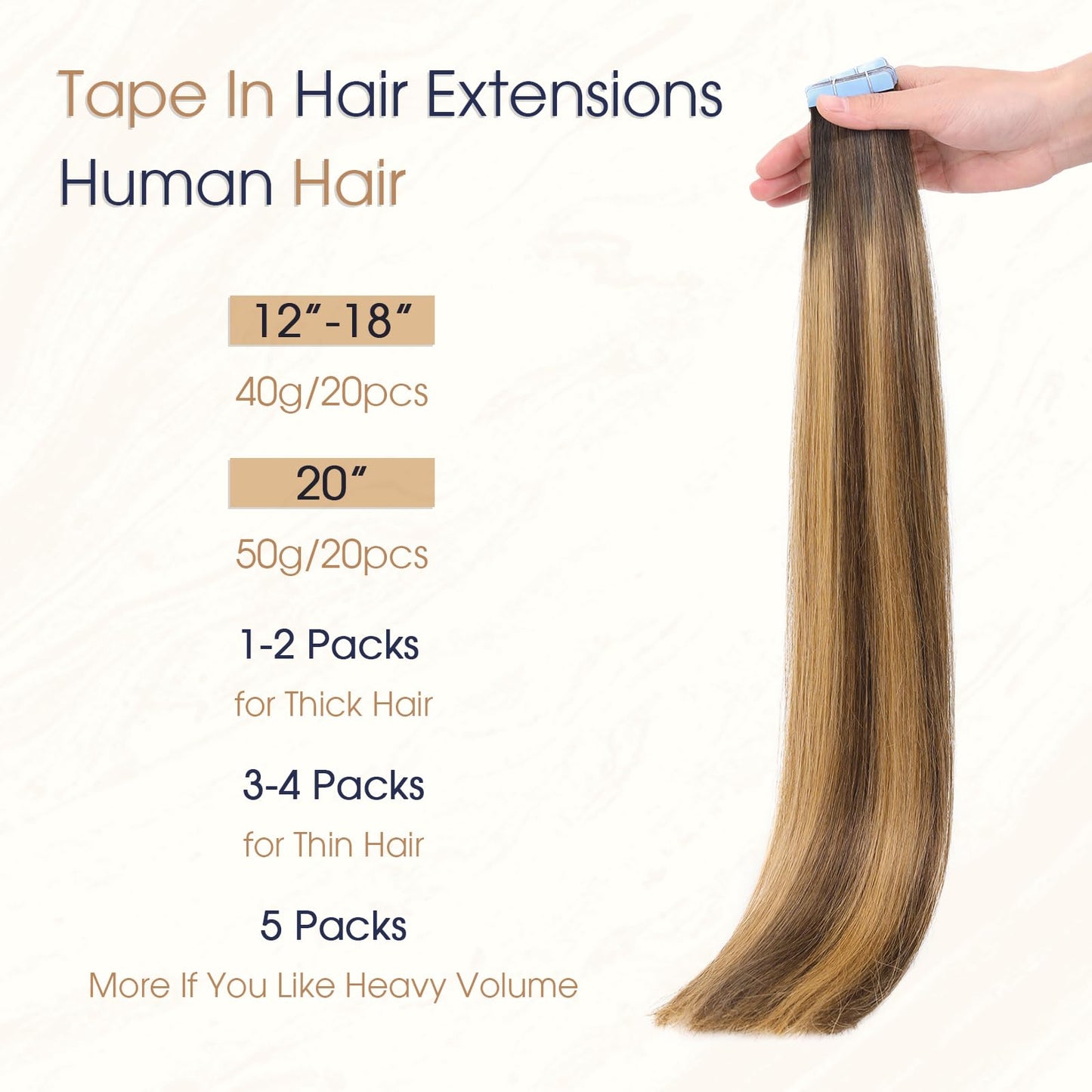 LADY MIRANDA Tape in Hair Extensions Human Hair 100% Remy Hair Extensions 20 Inch 20 Pcs 50g/pack Tape in Extensions Seamless Invisible Long Lasting Tape in Hair Extensions (T4/27, 20 Inch)