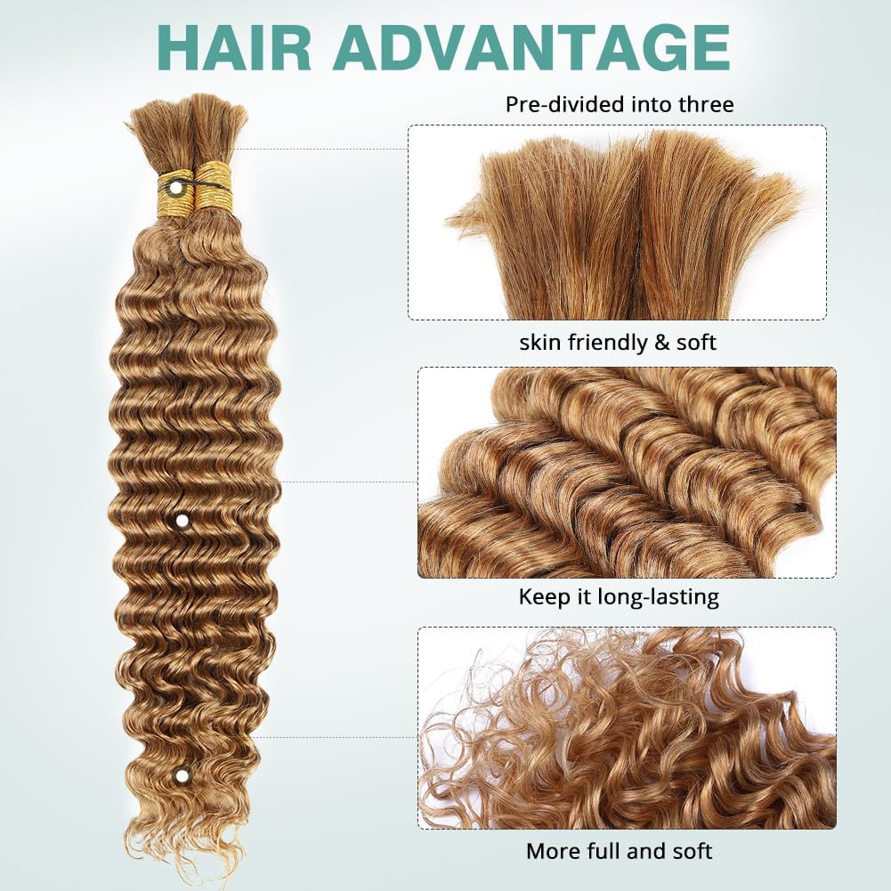 22 Inch 100g Deep Wave Bulk Human Braiding Hair 2 Bundles/Pack Color 27# Honey Blonde Human Braiding Hair for Boho Braids No Weft Brazilian Human Braiding Hair Extensions for Micro Braiding