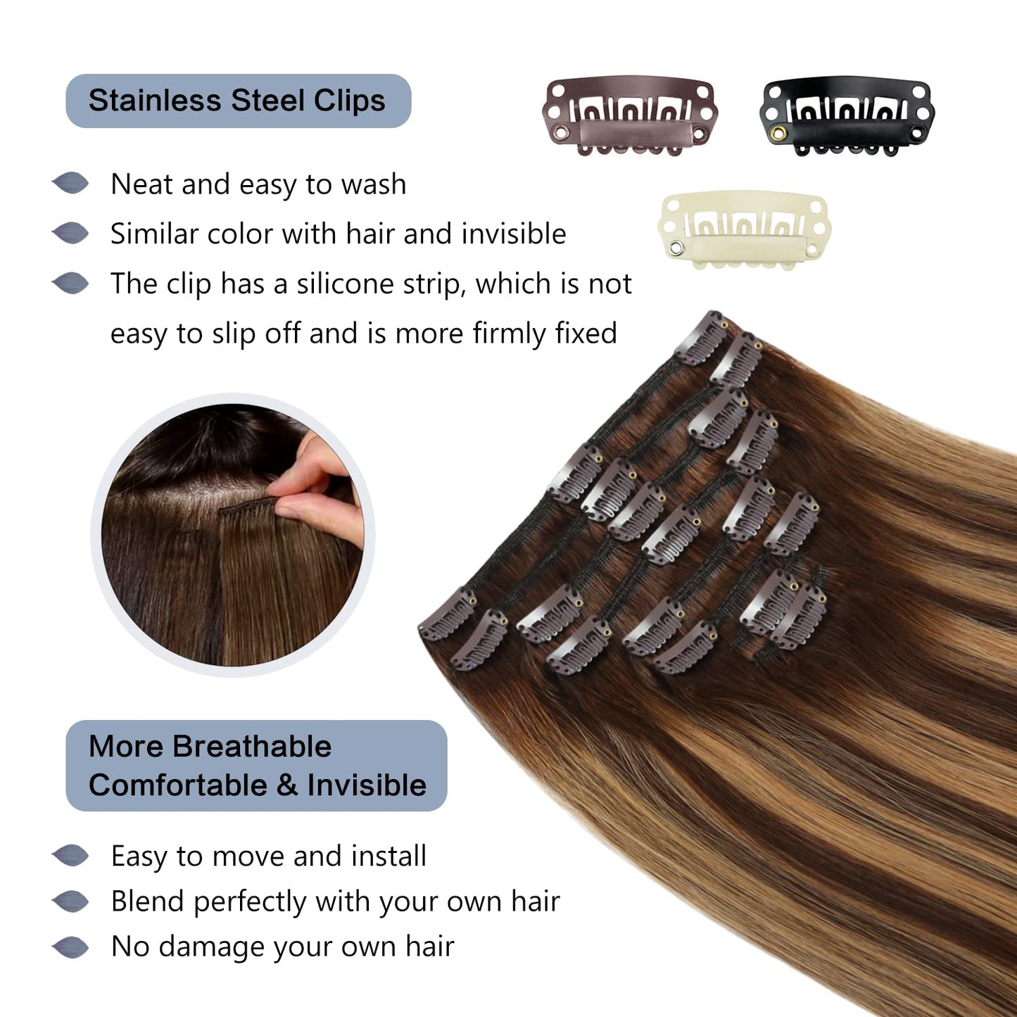 Sunya Clip in Hair Extensions Real Human Hair Balayage Human Hair Clip in Extensions Chocolate Brown to Caramel Blonde Human Hair Clip ins Ombre Hair Extensions Clip ins 14 Inch 8pcs/110g