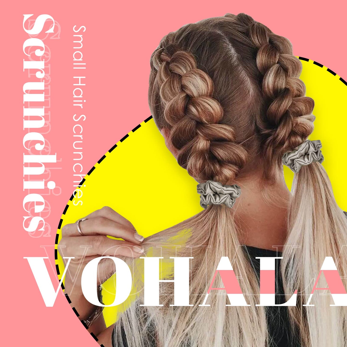 VOHALA 30 Momme Mulberry Small Silk Scrunchies, 5PCS Skinny Silk Scrunchies for Hair & 2PCS Strong Hair Ties Ponytail Holder, Total 7PCS No Damage Luxury Hair Ties for Women (Camel)