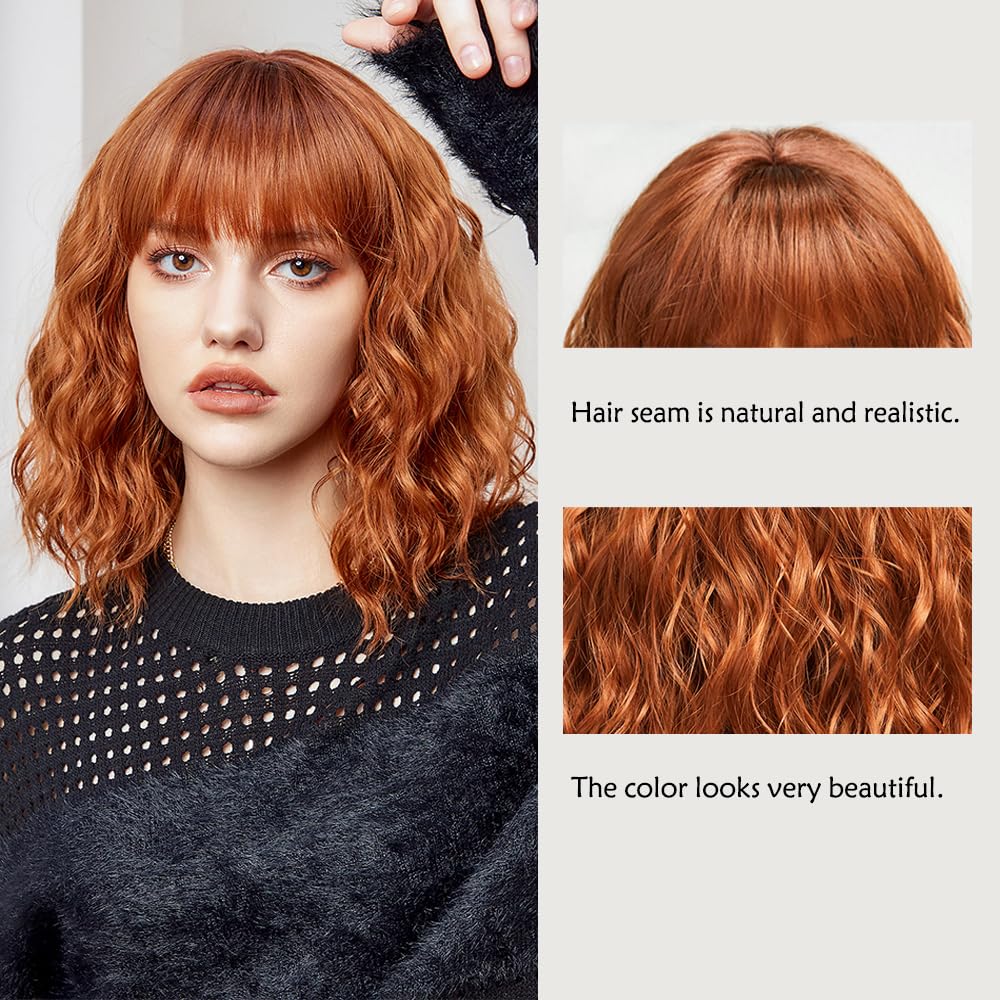 Orange Wig with Bangs,14 Inch Ginger Shoulder Length Curly Wavy Wigs for Women, Heat-resistant Synthetic Hair Wigs for Cosplay Party Daily Use