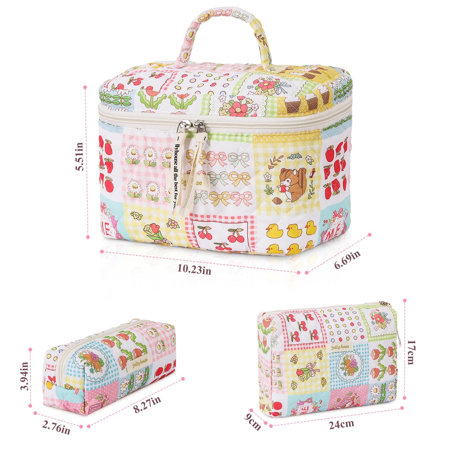 Spdmhyo 3 Pieces Cotton Makeup Bag Large Travel Cosmetic Bag Coquette Floral Cosmetic Pouch Toiletry Bag (Duck)