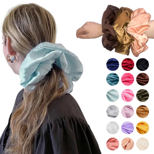 BreodyEco Oversized XXXL Jumbo Satin Hair Accessories for Women & Girls - 18 Colors Giant Silk Scrunchies, Elastic Ponytail Holders for Thick Hair