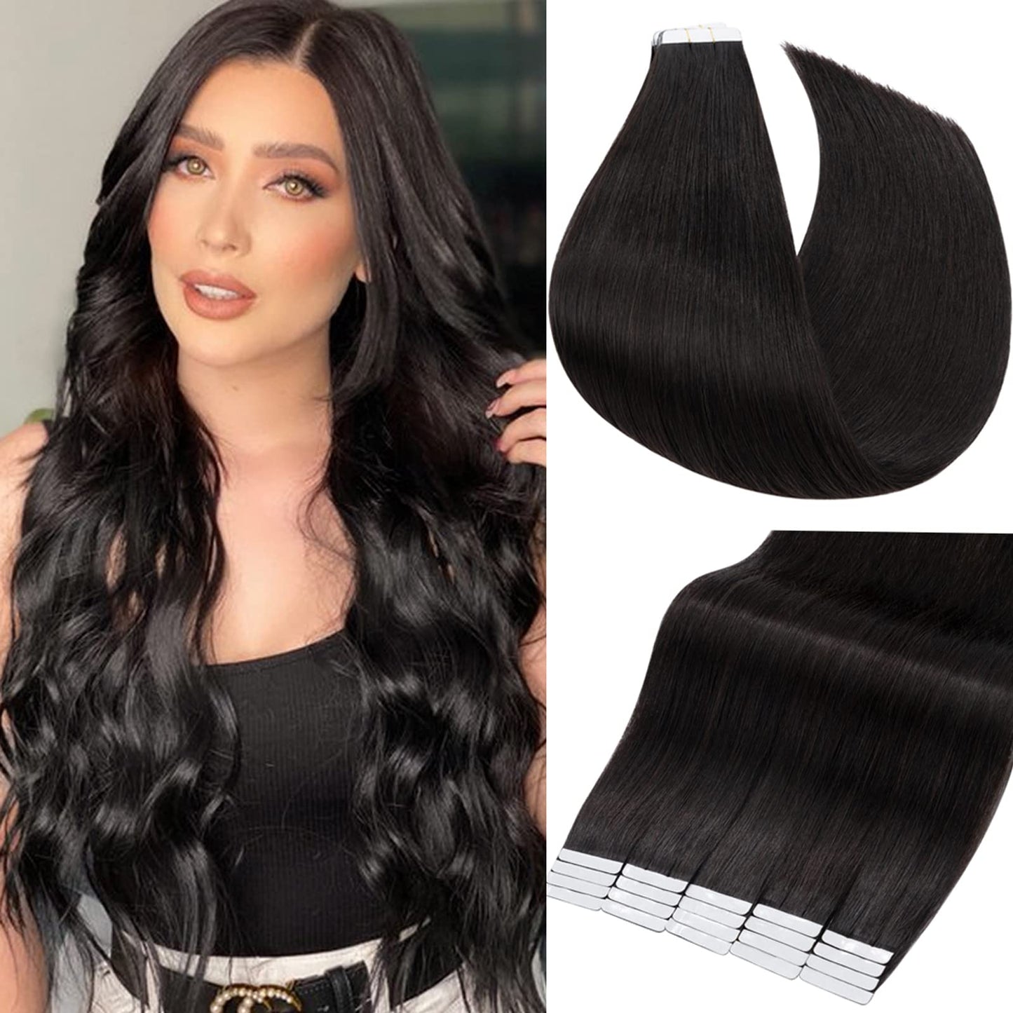 S-noilite 20Pcs 60g Tape in Hair Extensions Human Hair for Women Tape in Extensions Seamless Skin Weft Invisible Double Sided Tape Glue in Hair Silky Straight 22 Inch (#1B Natural Black)