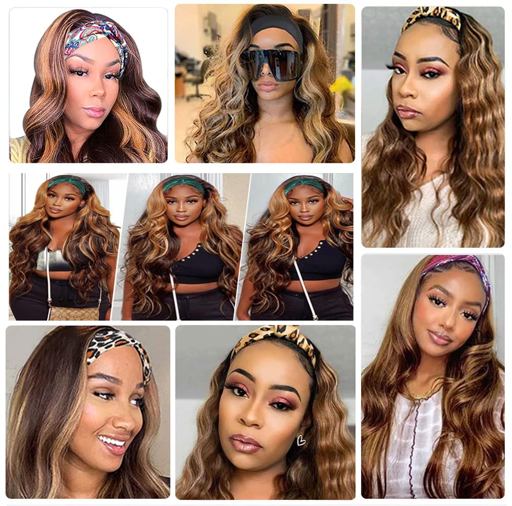 GzorOuzr P4/27 Curly Wave Headband Human Hair Wigs Highlight Brazilian Remy Hair Wigs For Women 130% Density Glueless No Lace Wig Honey Blonde Headband Wigs 22 Inch