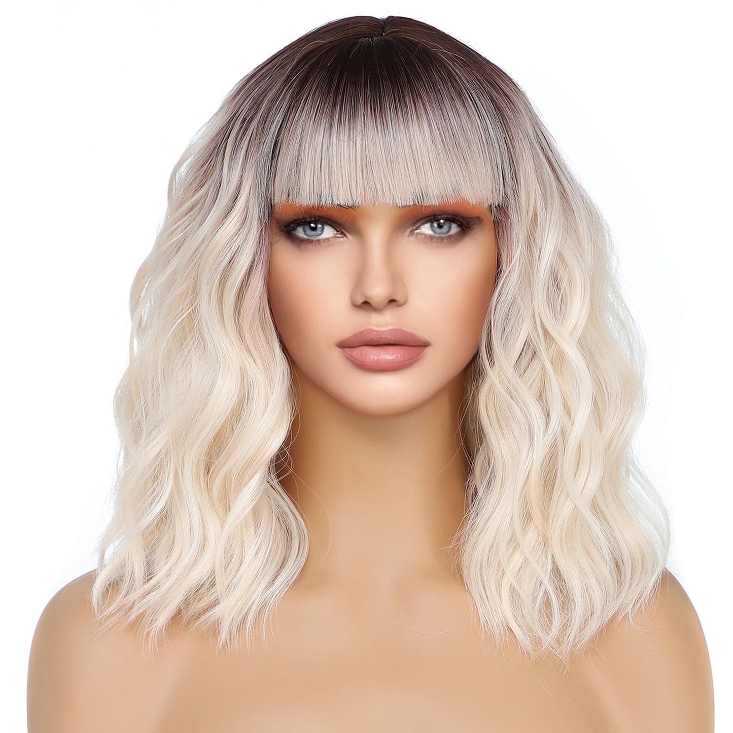 Lihui Ombre Blonde Wig With Bangs Short Wavy Bob Wig Colored Wigs For Women Fun Party Cosplay Wigs Synthetic Hair Wigs(Ombre Blonde, 12 Inch)