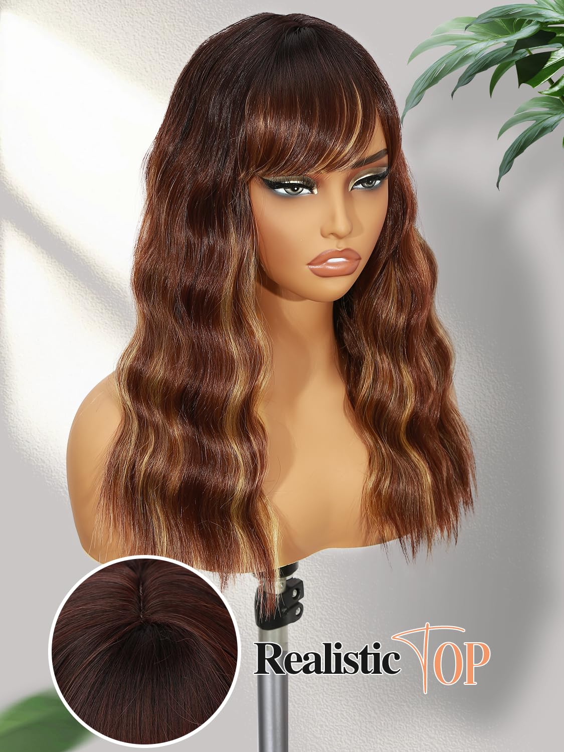 Fancy Hair Brown Highlight Wig With Bangs Medium Length Wavy Wig Synthetic Brown Mixed Blonde Natural Looking Wig With Bangs for Women Daily Party Use 18 Inch