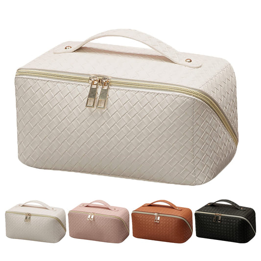 GOLDORANGE Travel Makeup Bag Large Checkered Capacity Cosmetic Bag with Compartment Waterproof PU Leather Portable Woven Makeup Bag for Women and Girl Cosmetic Organizer Bag, Beige