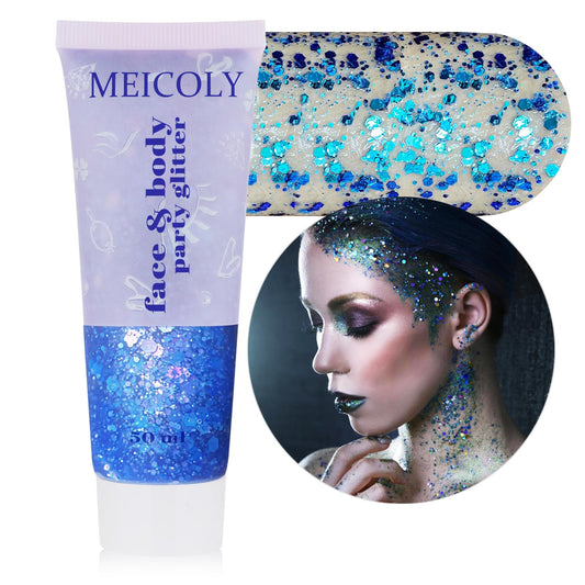 MEICOLY Chameleon Blue Body Glitter,Chunky Face Glitter Gel,Color Changing Mermaid Singer Concerts Glitter,Sparkling Glitter for Face Body Hair,Halloween Festival Party Glitter Makeup,50ml