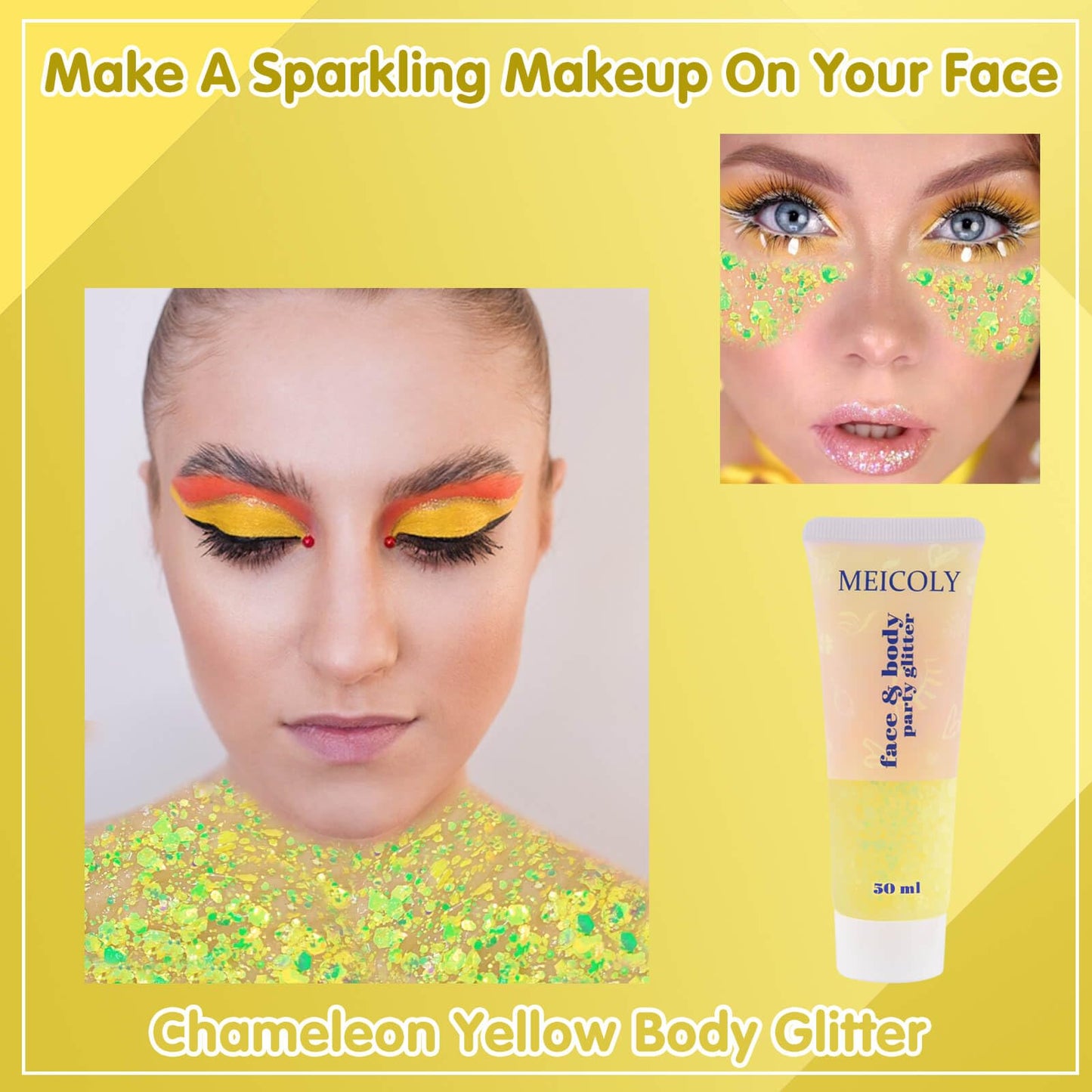 MEICOLY Chameleon Yellow Body Glitter,Chunky Face Glitter Paint,Color Changing Mermaid Face Glitter Gel,Holographic Glitter Sequin for Face Body Hair,Festival Party Cheer Glitter Makeup,50ml