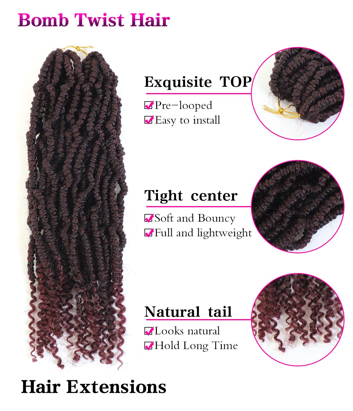 Bomb Twist Crochet Hair 14 Inch Spring Twist Hair Passion Twist Hair 6 Packs Spring Twist Pre-looped Mini Twist Fluffy Twist Braiding Synthetic Hair Extension (T1B/99J)