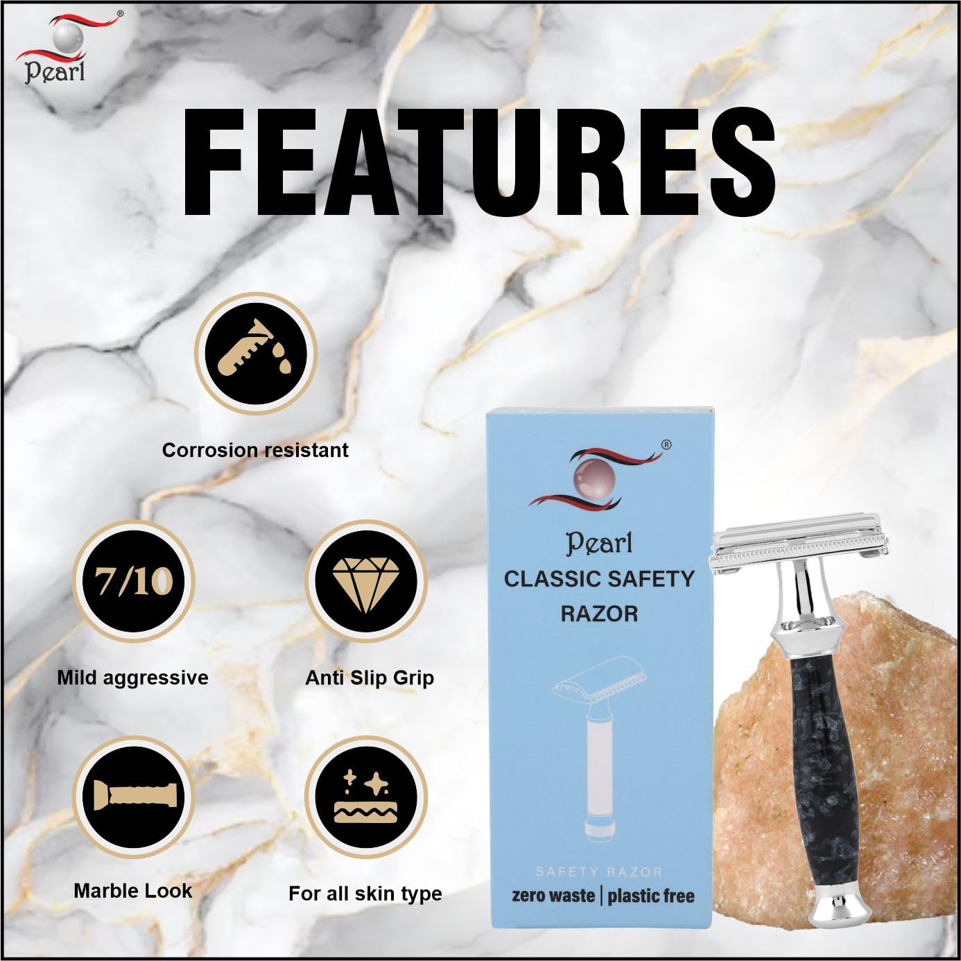 Pearl Shaving Double Edge Safety Razor (SS-95 Marble Black) | Proudly Made In India | Brass Metal With Premium Chrome Plating | Classic And Traditional Safety Razor | Butterfly Safety Razor | 10 Platinum Coated Double Edge Safety Razor Blade Refills