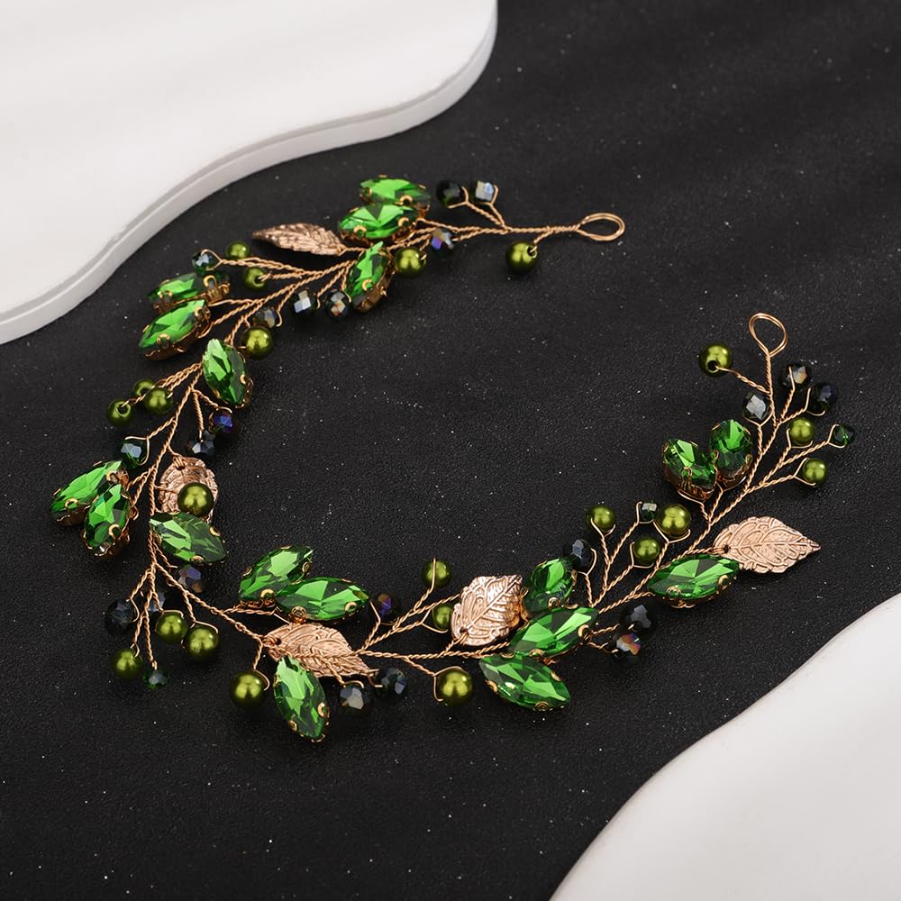 Teyglen Bride Wedding Hair Vine Bridal Gold Leaf Crystal Headband Handmade Green Red Black Rhinestone Pearl Hair Pieces Headpieces Hair Accessories for Bride Women Girls (Green)