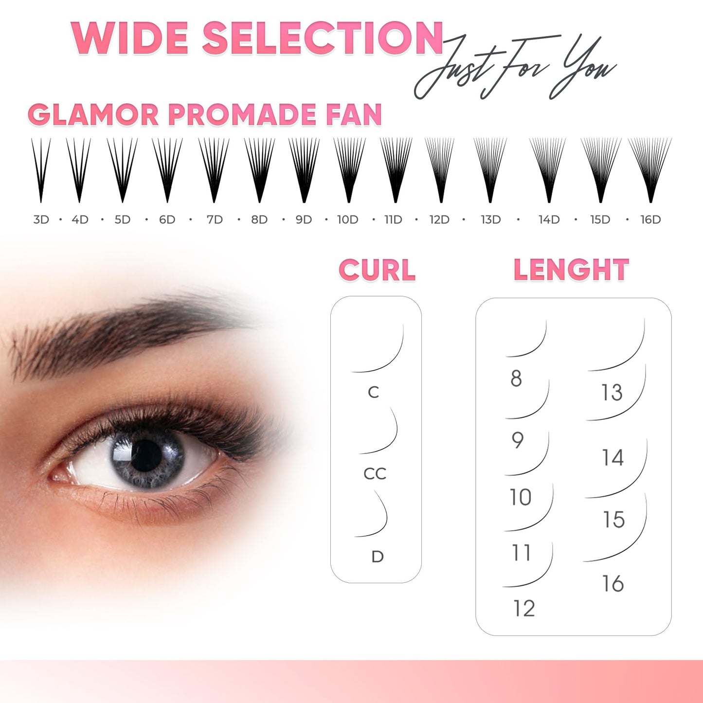 GLAMOREYELASH 750 Promade Fans Loose Mix, Natural Eyelashes Extensions 3D-16D, Handmade Individual Lashes 0.03/0.05/0.07mm Thickness, C CC D, 8-16mm Length for Fluffy Eyelash Cluster (7D-0.05-C, 14-15-16mm)