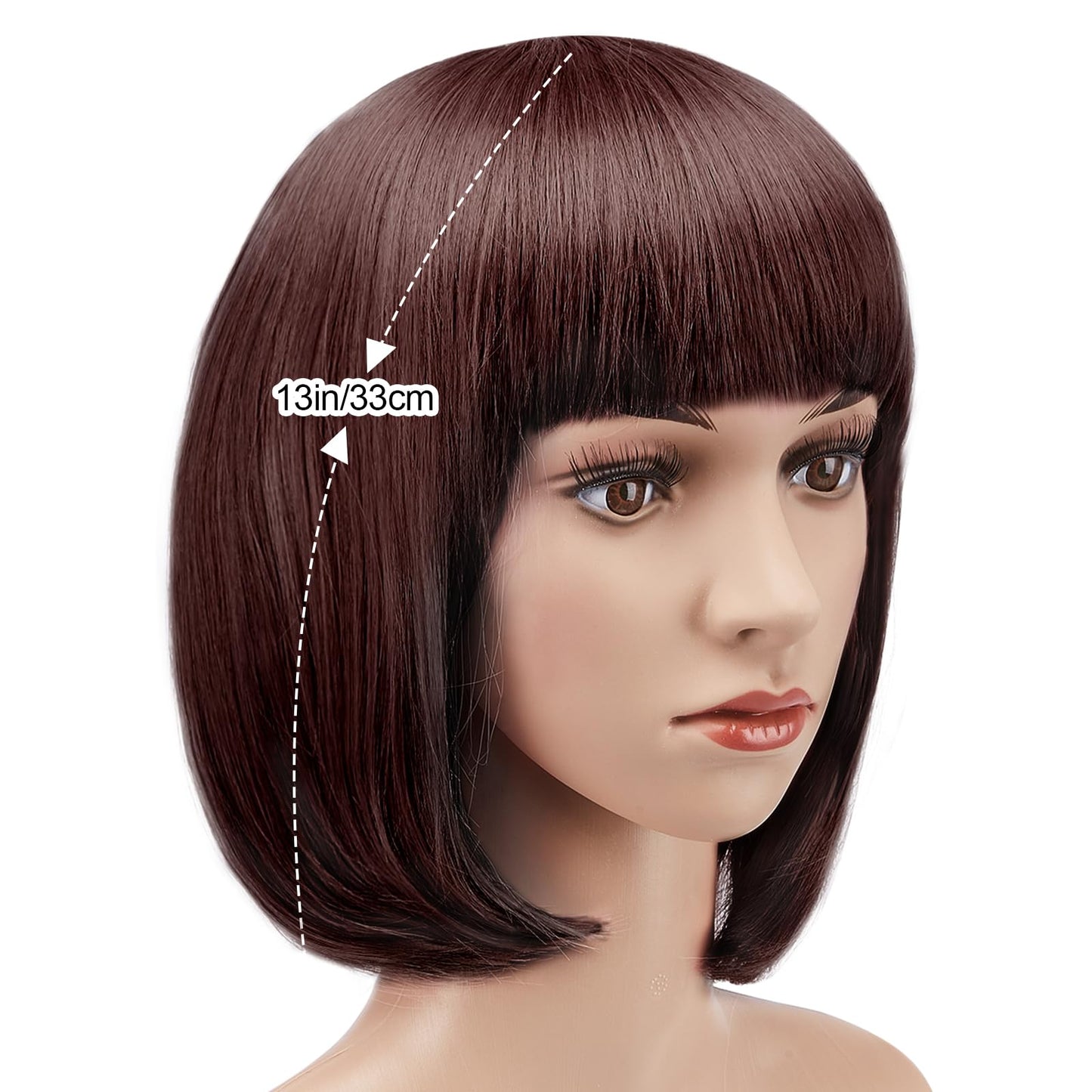 AGPTEK 13 Inches Straight Heat Resistant Short Bob Hair Wigs with Flat Bangs for Women Cosplay Daily Party - Dark Brown