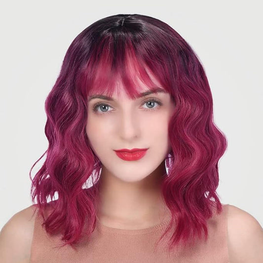 Wigs for Women - Ombre Red Wig with Bangs for Women, Short Wavy Bob Wig, Colorful Medium Length Wig, Pastel Colored Cosplay Wig Synthetic Costume Wigs Halloween Wigs…