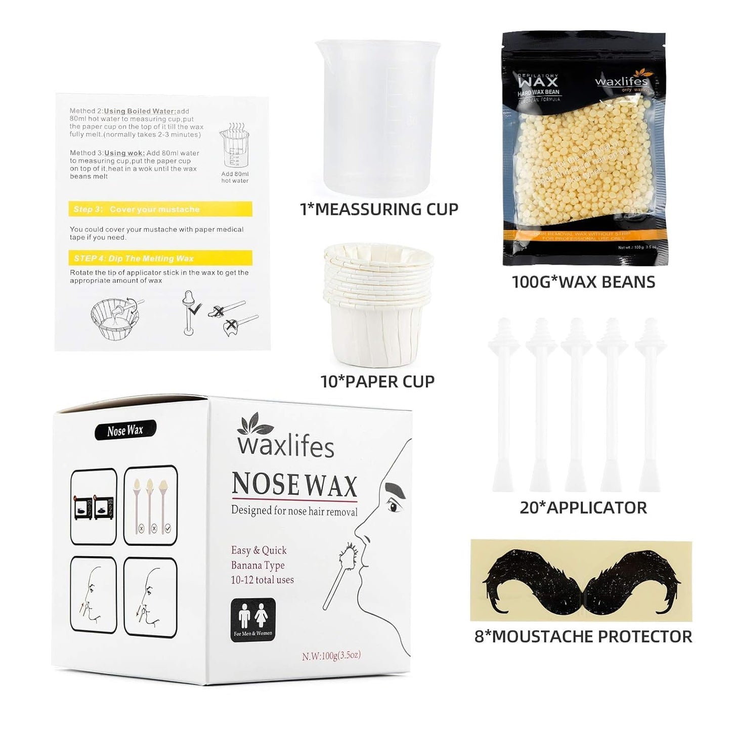 Nose Wax Kit Nose Hair Removal Waxing, 100g Wax, 20 Applicators, 8 Mustache Stickers, 10 Little Cups for Removing Nose Eyebrow Hair, Safe Quick