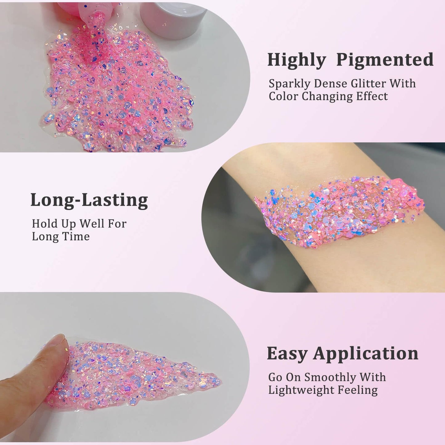 MEICOLY Chameleon Baby Pink Body Glitter,Pink Turn to Purple Face Glitter Paint,Color Changing Mermaid Face Glitter Gel,Chunky Glitter Sequin for Face Body Hair,Festival Party Glitter Makeup,50ml