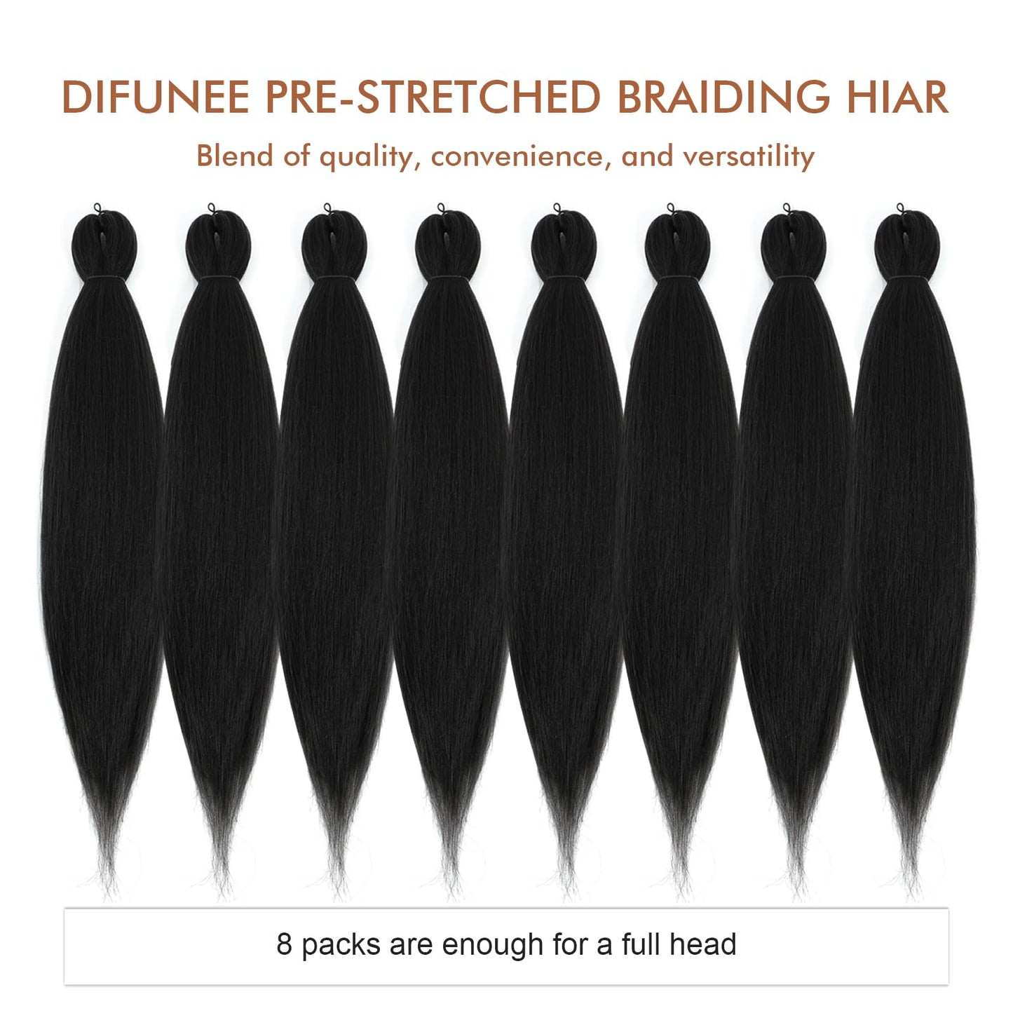 DIFUNEE Pre-stretched Braiding Hair - 18 Inch 8 Packs Natural Black Long Braiding Hair For Twist or Box Braids, Yaki Texture Hot Water Setting Synthetic Braiding Hair Extensions (18 Inch, 1B-8P)