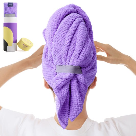 BYCOO Large Microfiber Hair Towel Wrap for Women, Anti Frizz Hair Drying Towel with Elastic Strap, Fast Dry | Super Absorbent | Quick Dry Hair Turban for Wet, Curly, Long & Thick Hair -Purple