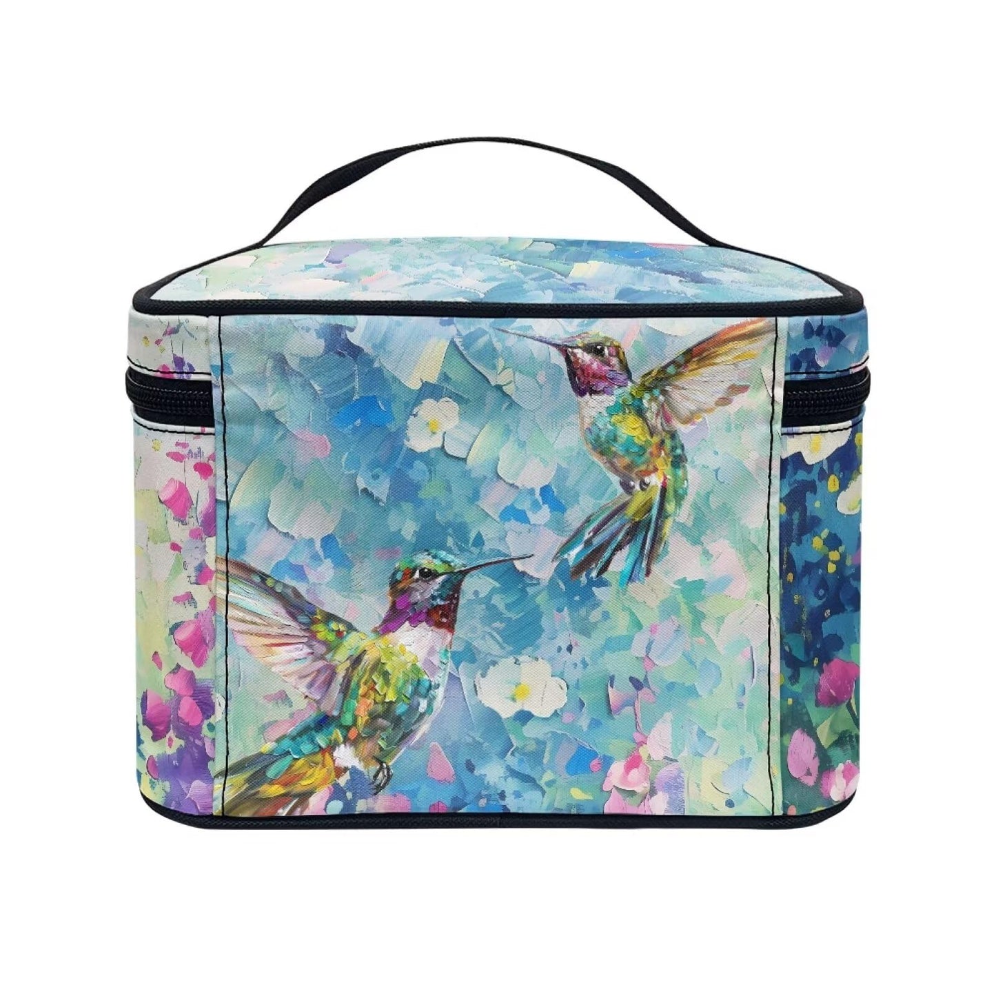 Psaytomey CMakeup Bags for Women Hummingbird Flower Printed Travel Cosmetic Organizer Large Capacity Toiletries Accessories Brush Holder Zipper Case with Top Handle