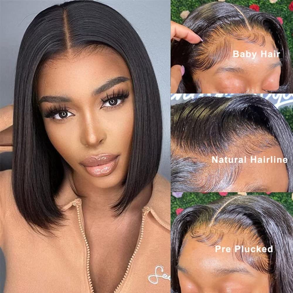 MYouan Glueless Bob Wig Human Hair Really Big 13x4 HD Lace Front Wigs 180% Density Pre Plucked with Baby Hair Natural Black 12 inches