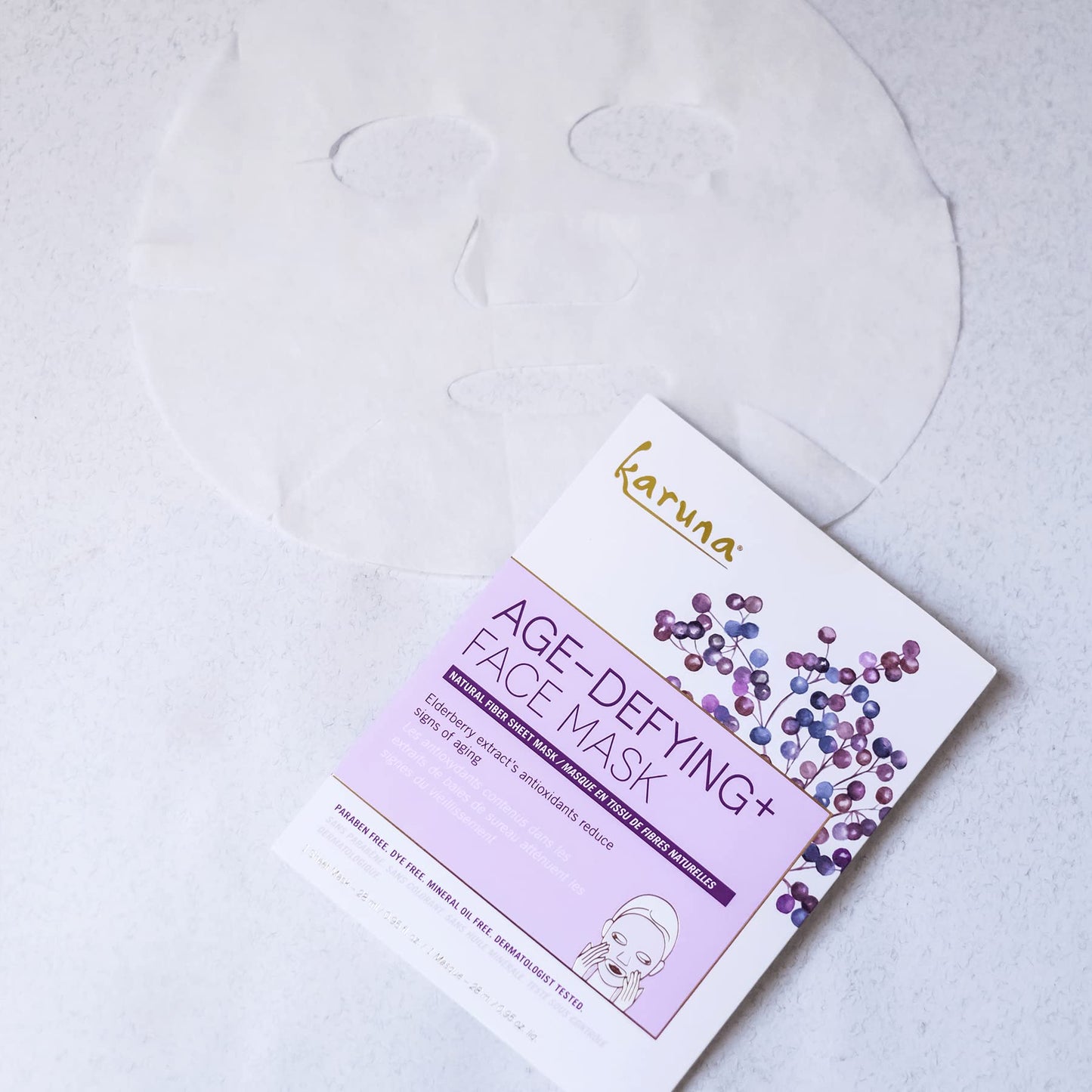 Karuna Age-defying+ Face Mask Sheet, Skincare and Beauty Facial Masks with Moisturizing and Collagen Promotion Properties for Soothing Wrinkles and Healthy Glow, Revitalize Dry, Mature Skin (1 Sheet)