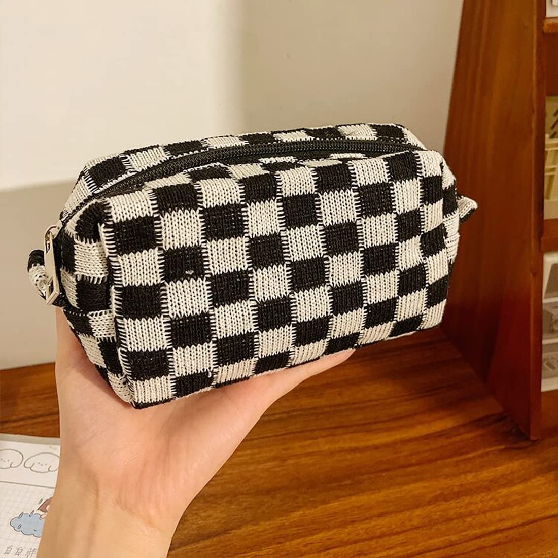 SxoSyo 2 Pcs Cosmetic Bags for Women Makeup Bag Purse Travel Toiletry Zipper Storage Pouch Make up Brushes Organizer for Gifts (Checkered, Black 2)