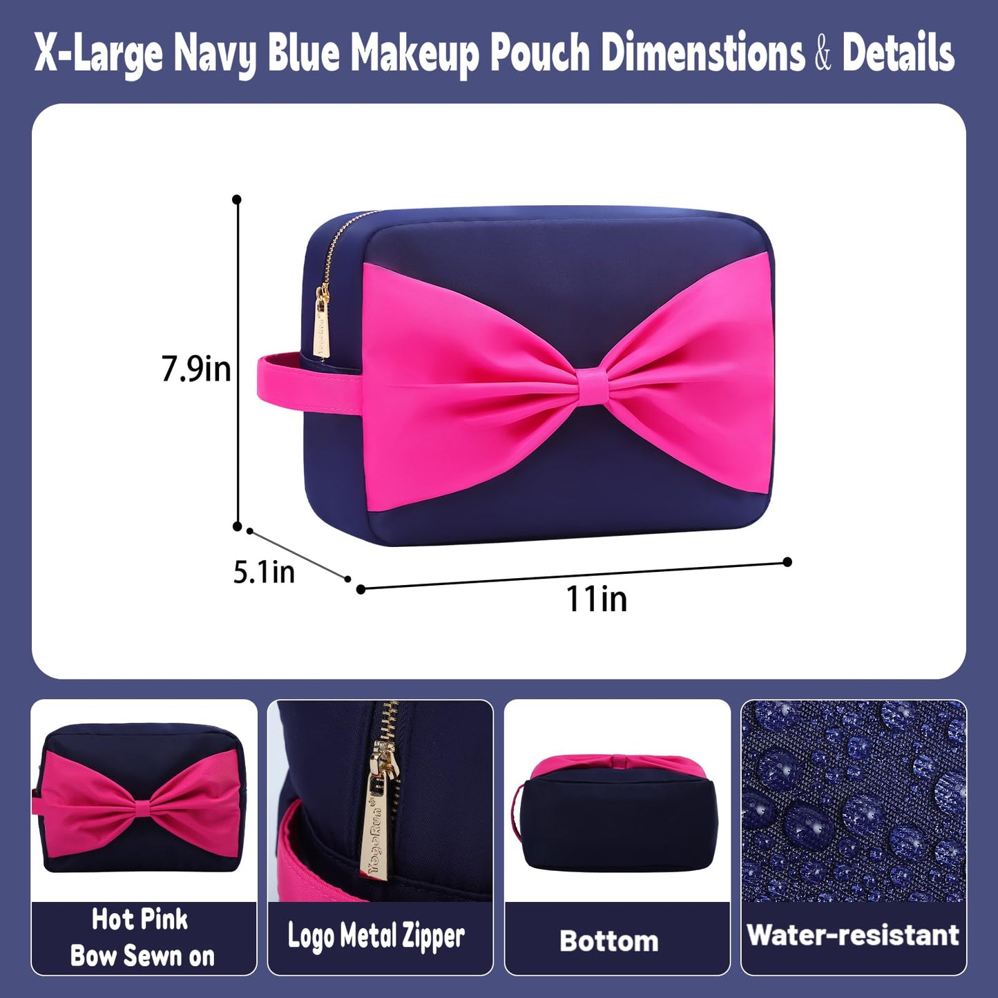 YogoRun Makeup Bag Large Preppy Stuff Bag Makeup Organizer Toiletry Bag Skin Care Bag Cosmetic Pouch Toiletry Bags for Traveling Women With Handle and Zipper Pockets (XL, NavyBlue-Bow)