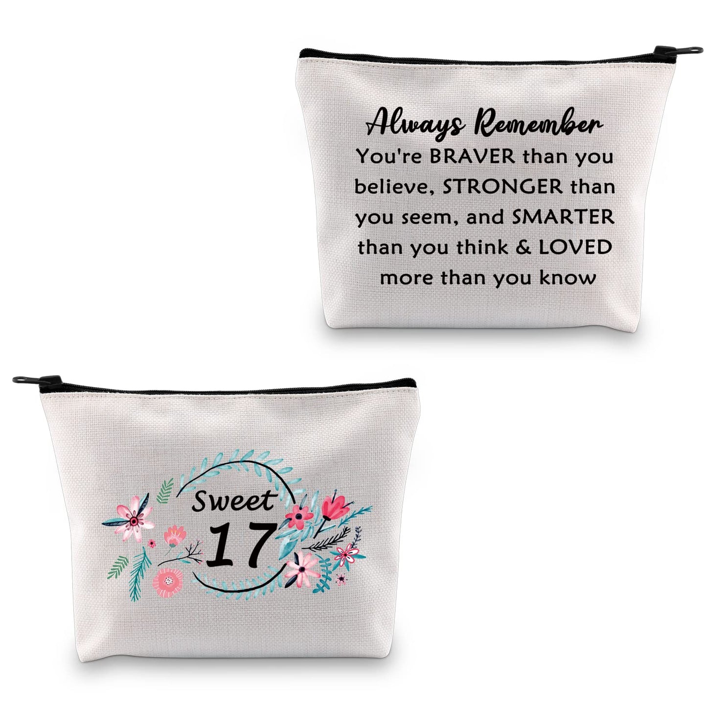 MBMSO Sweet 17 Makeup Bag Happy 17th Birthday Gift Bag 17 Year Old Girl Gifts Inspirational Gifts always Remember You are Braver than You Believe (Sweet 17)