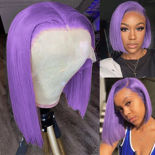 Dorosy Hair Purple Bob Wig 13x4 Lace Front Wigs Human Hair Short Bob Transparent Lace Pre Plucked Hairline with Baby Hair 150% Density Brazilian Straight Bob Wigs(14 inch)