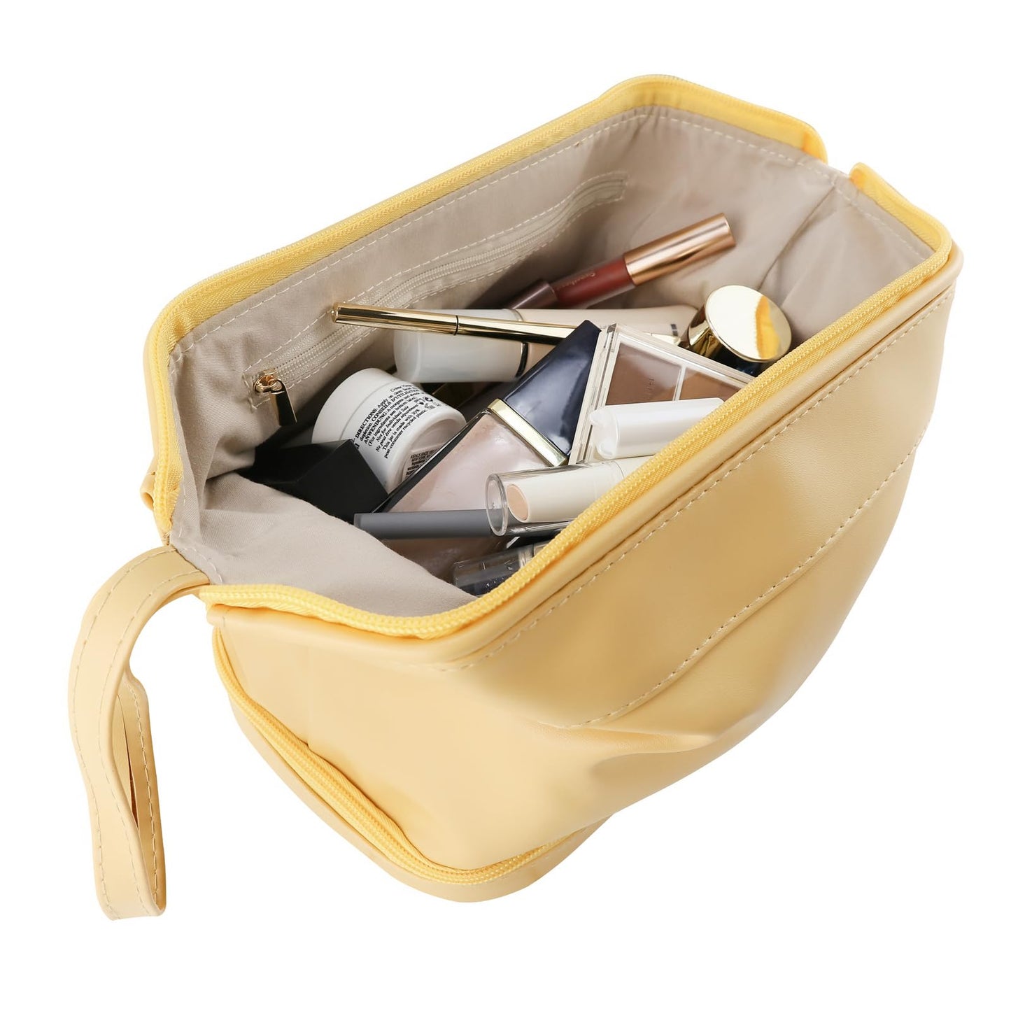 Kososuru Makeup Bag,Portable Waterproof Cosmetic Bag,Travel Pu leather Toiletry Bag,Large Capacity Double layer Makeup Brush Bag for Women (Yellow, Double layer)