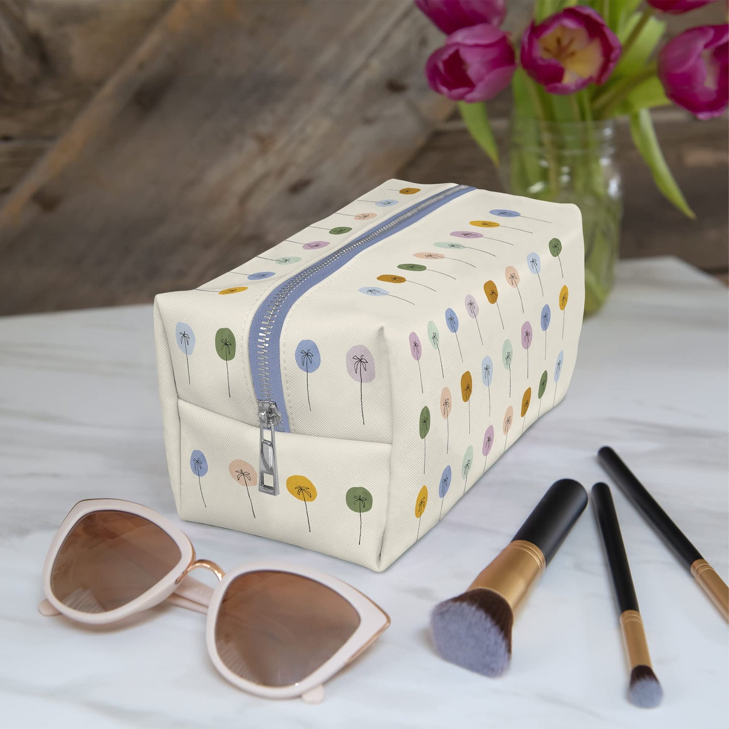 Studio Oh! Cosmetic Bag for Makeup & Toiletries Dotted Palms - Fully Lined, Spacious Size: 10" W x 4.25" H x 4.75" D Loaf Pouch with Full Zip Closure