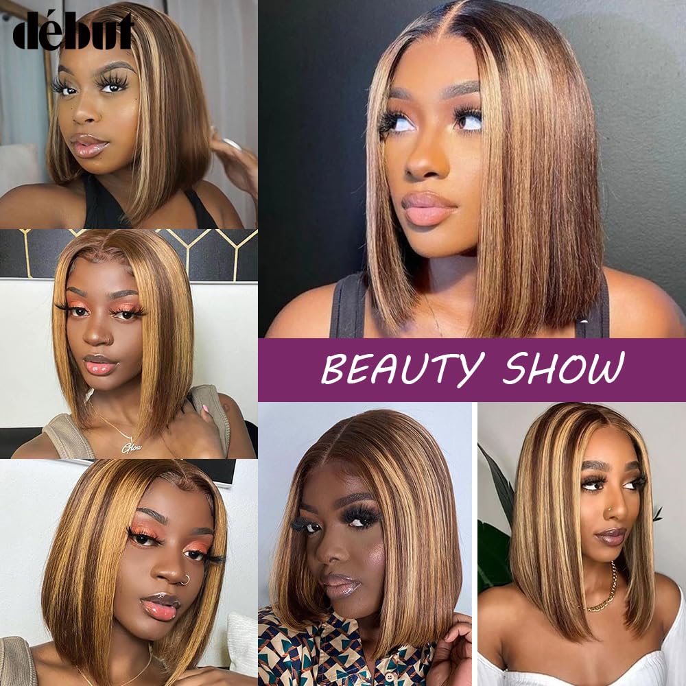 DÉBUT Ombre Highlight Blonde Brown Lace Front Wigs Human Hair Short Bob Wigs Middle Part Wigs Brazilian Virgin Straight Hair 13x4x1 T Part Wigs for Black Women Piano Color 12 Inches