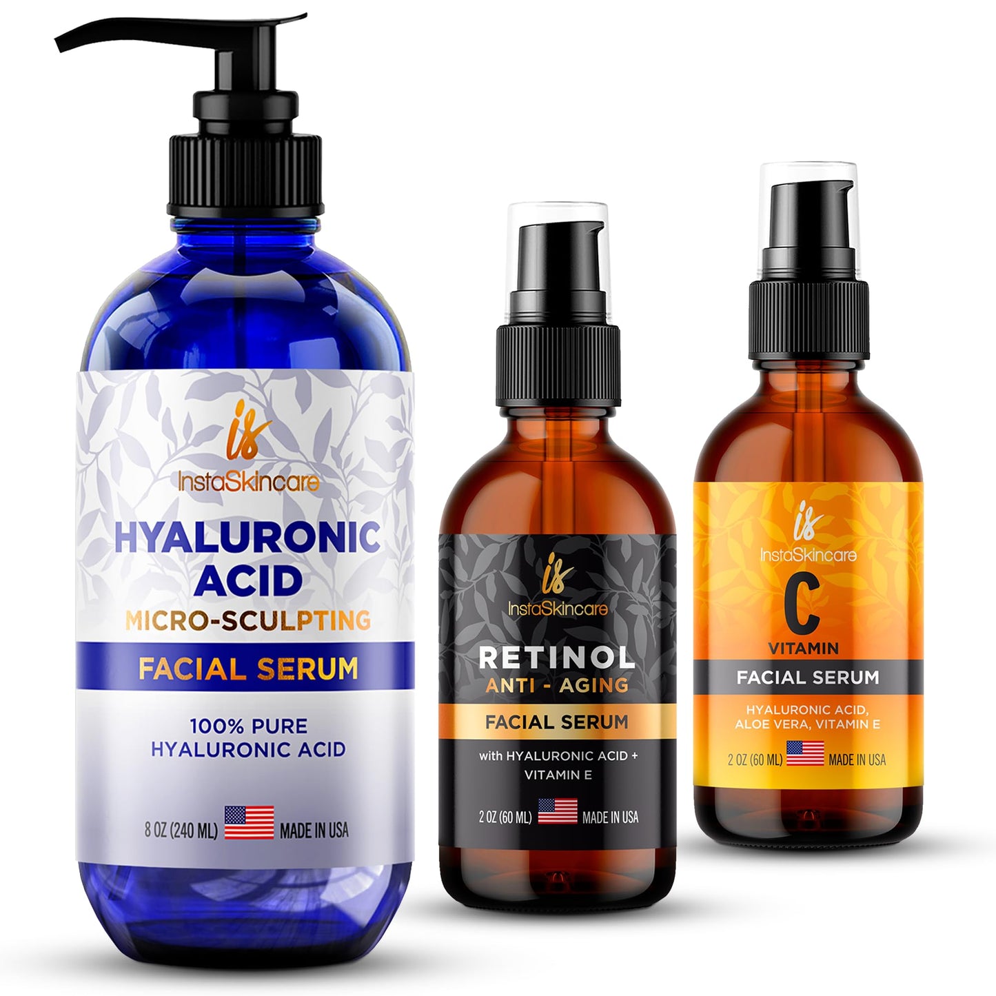 InstaSkincare Glow Effect and Post Acne Bundle - Hyaluronic Acid Serum for Face 8Oz - Retinol Face Serum + Vitamin E and A + Aloe Vera 2Oz - Vitamin C Serum 2Oz