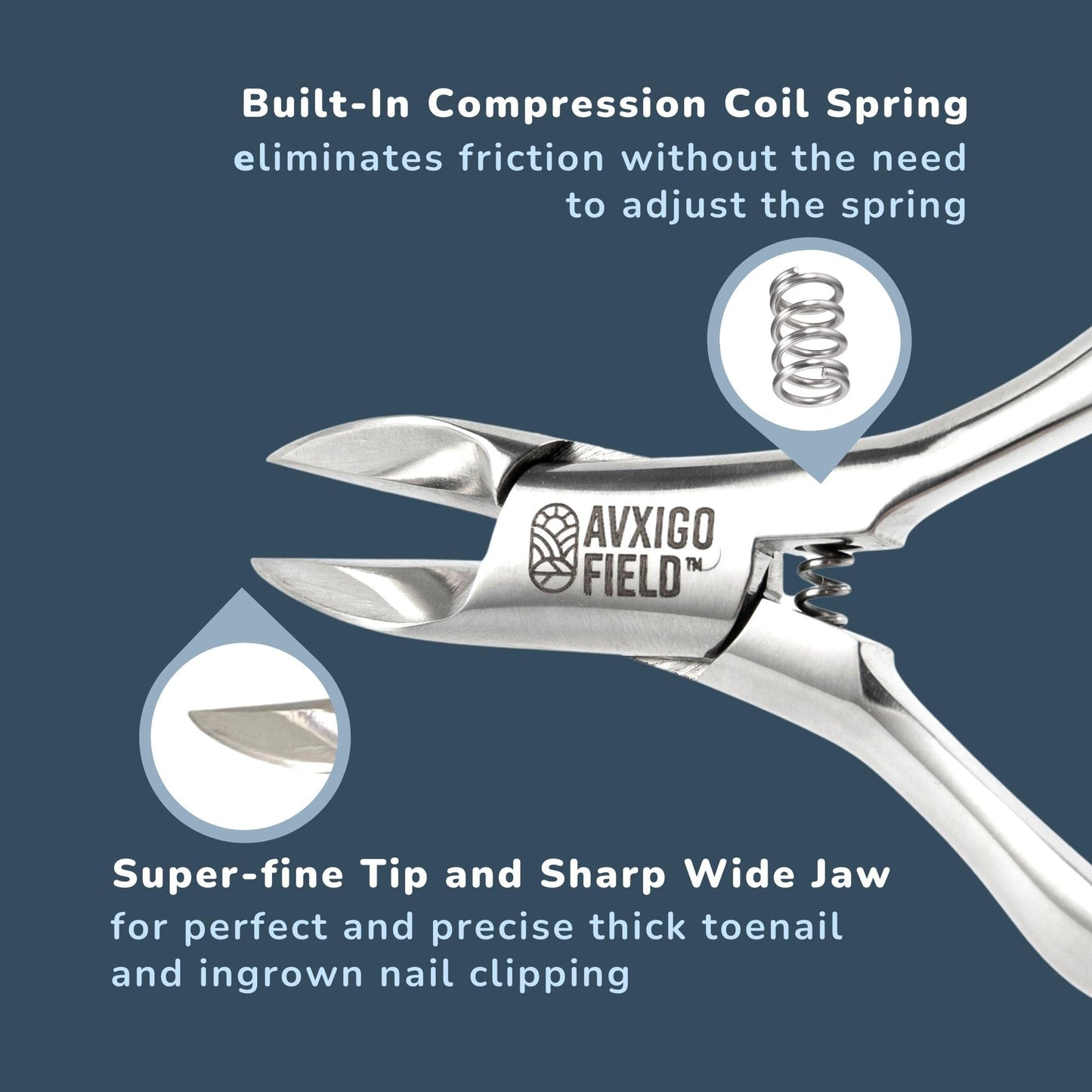 AVXIGO FIELD Professional Ingrown Toenail Clipper for Thick Nails and Seniors - Built-in Compression Coil Spring, Precise Sharp Curved Blade, Surgical Grade Stainless Steel - Microfiber Cloth Included