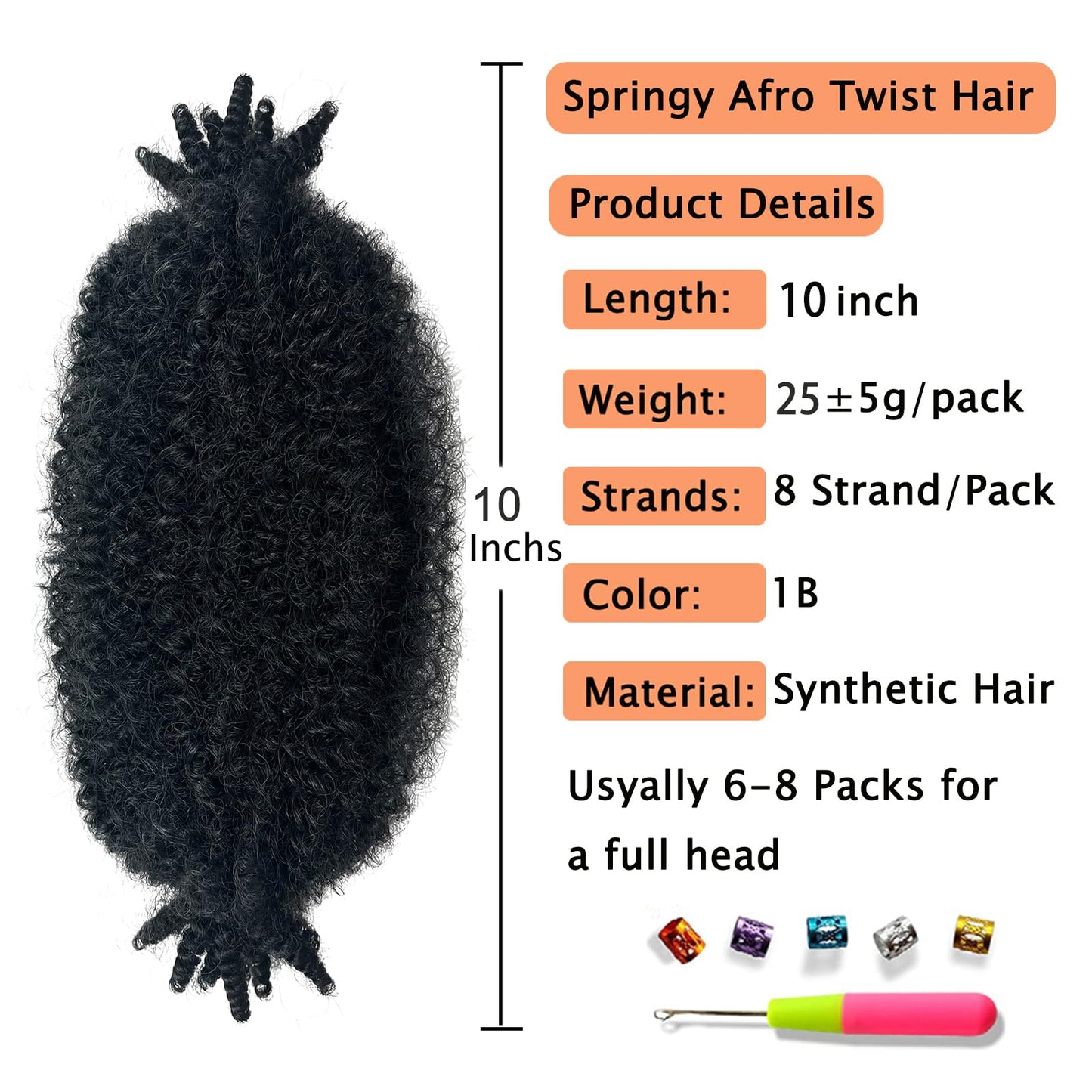 Marley Twist Braiding Hair 10INCH, Pre-Separated Springy Afro Twist Hair Kinky Twist Crochet Hair Braids for Distressed Soft Locs Spring Twist Hair for Women (Natural Black, 10 Inch(Pack of 3))