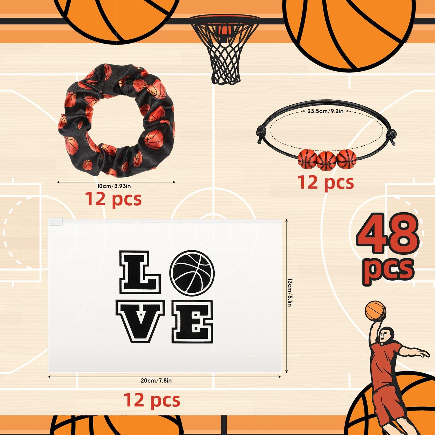 Hicarer 36 Pieces Basketball Team Gifts Set Includes 12 Basketball Charm Bracelets 12 Basketball Pouch Small Portable Travel Makeup Bag 12 Basketball Scrunchies Elastic Hair Ties for Women Men Team