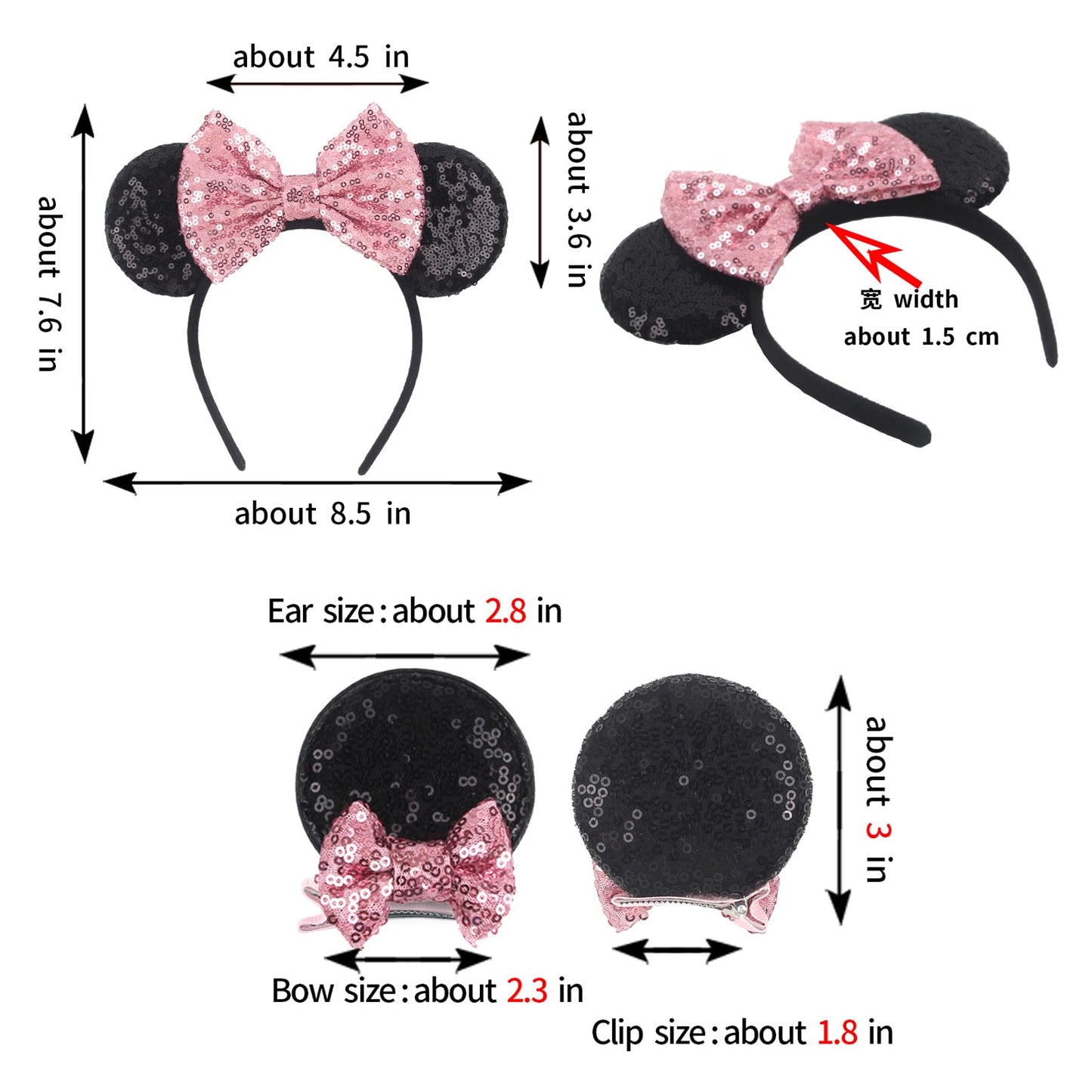 zhezesmila Shiny Mouse Ears Headband and Hair Clips, Glitter Party Princess Decoration with Red Bow and Big Ears Hair Accessories for Girls Women Adult Kids Birthday…