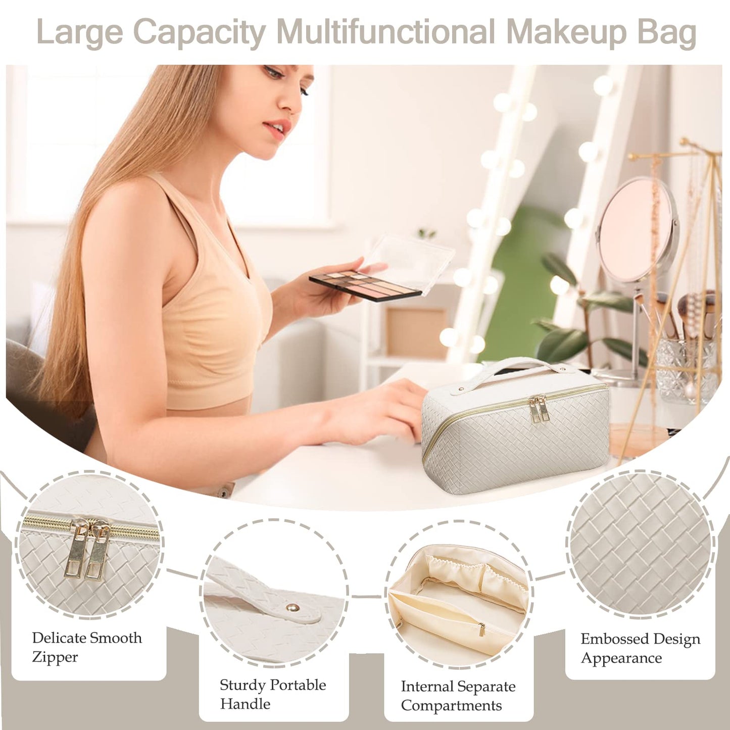 GOLDORANGE Travel Makeup Bag Large Checkered Capacity Cosmetic Bag with Compartment Waterproof PU Leather Portable Woven Makeup Bag for Women and Girl Cosmetic Organizer Bag, Beige