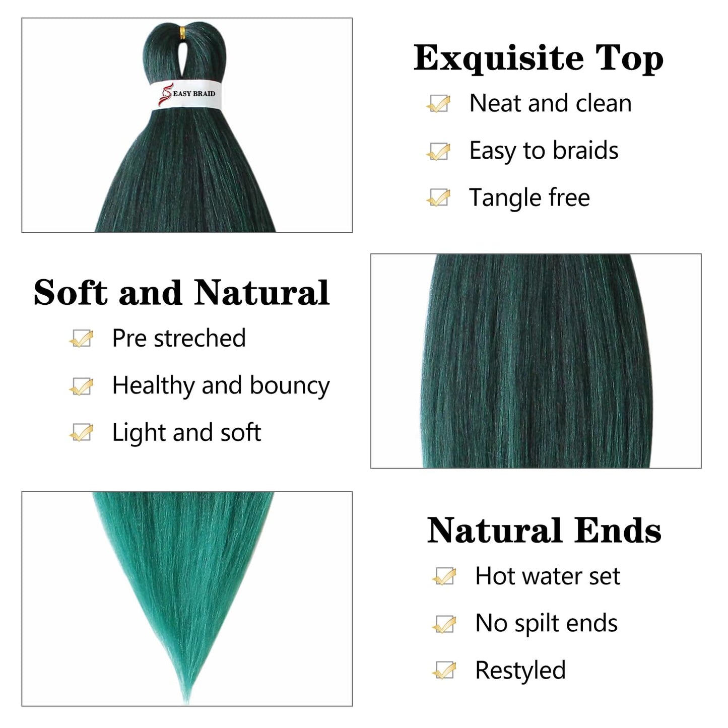 Easy Braid Professional Pre-Stretched Braiding Hair Extensions, 26 inch 3Packs of Itch-Free Synthetic Fiber Crochet Hair with Soft Yaki Texture and Hot Water Setting, Perfect for Professional Use and Easy Styling (26inch, T1B/Green#)