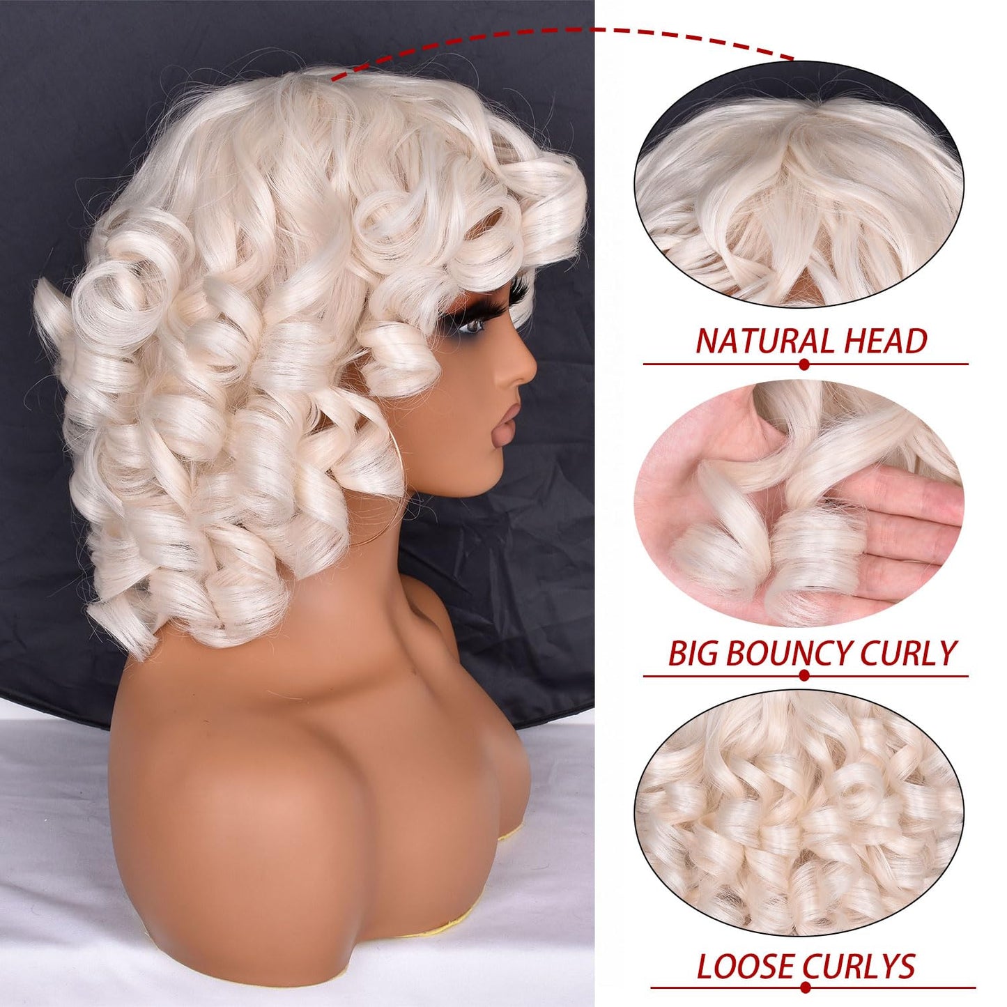 SOFUN Short Curly Wigs for Black Women Afro Curly Wig with Bangs Loose Cute Curly Fluffy Wavy Big Bouncy Fluffy Curly Wig(White)