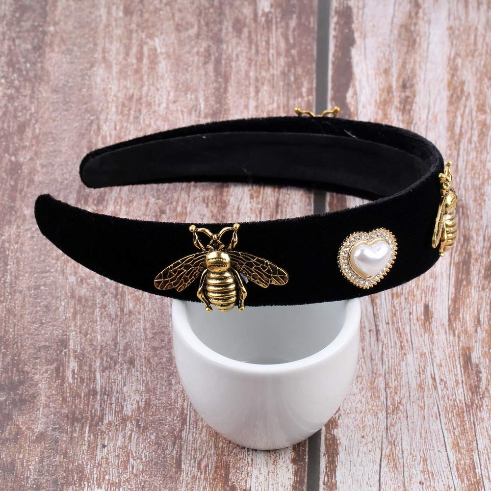 Vintage Black Band Simulated Pearl Bead Flower Hairbands for Women Fashion Alloy Metal Glass Rhinestone Crystal Bee Butterfly Headband Jewelry (Insect)