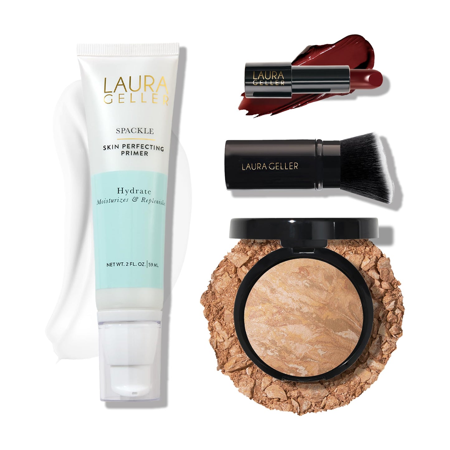 LAURA GELLER NEW YORK Effortless Essentials Kits (4pc): Baked Balance-n-Brighten Foundation, Light + Spackle Makeup Primer, Hydrate + Modern Classic Cream Lipstick, Berry Bliss + Kabuki