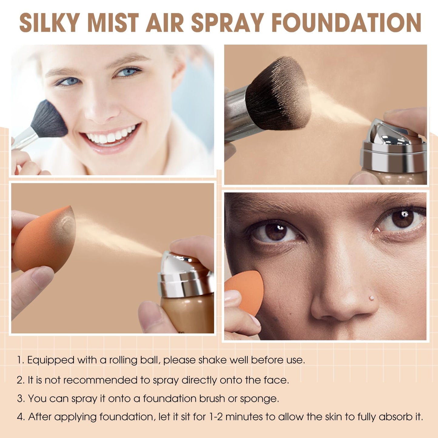 LOKFAR AirBrush Foundation Spray, Silky Mist Foundation Spray Makeup Set with Brush, Full Coverage Foundation for Smooth Radiant Finish, Formula Breathable Lightweight Hydrating | #03 Warm Peach