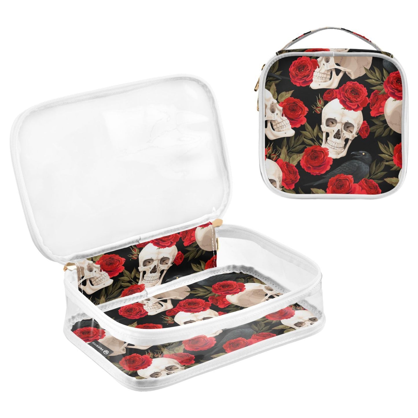 MNSRUU Clear Makeup Bags Red Rose Skull Toiletry Bag for Women 2 PCS Waterproof Clear Bags Clear Travel Toiletry Bag Small Cosmetic Makeup Bag, Carry on Airport Airline Compliant Bag