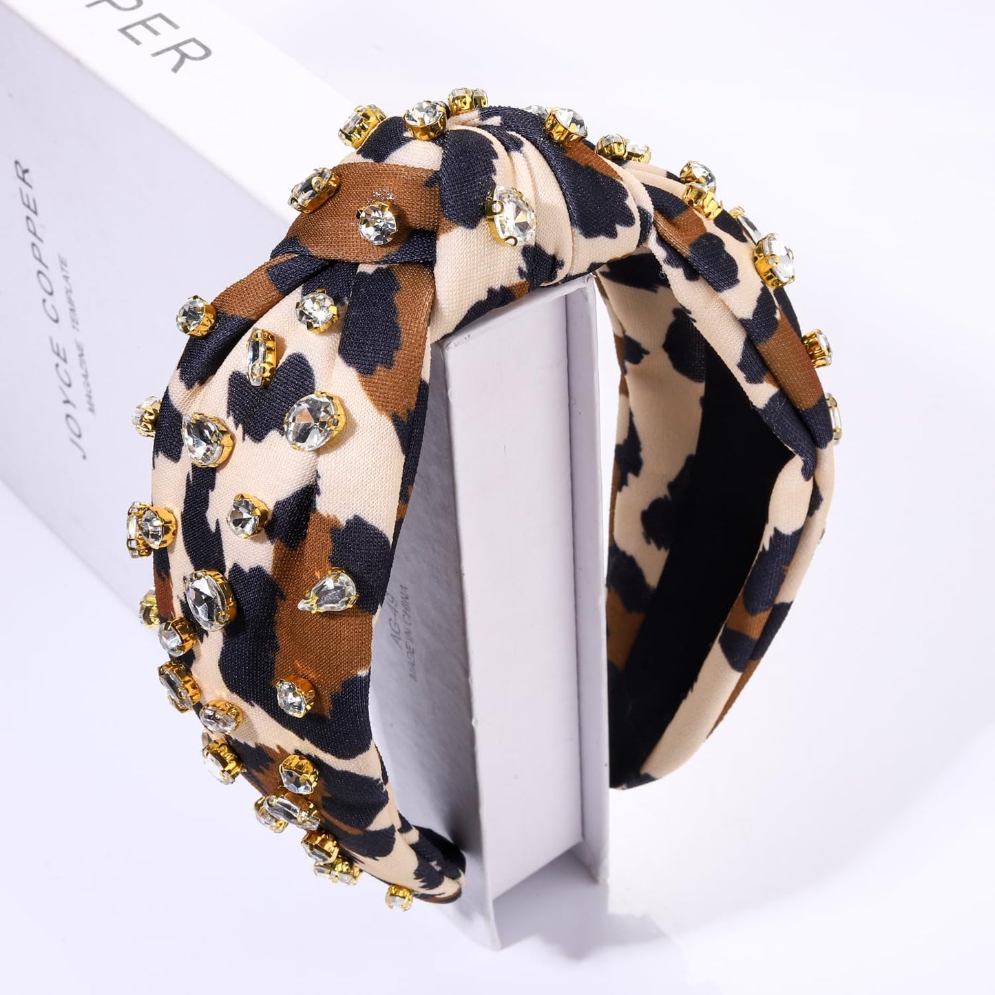 Leopard Knotted Headband for Women Pearl Rhinestone Jeweled Embellished Leopard Print Top Knot Hairband Cheetah Headpiece Statement Wide Turban Hair Hoop Funny Gifts for Girls Ladies Sister