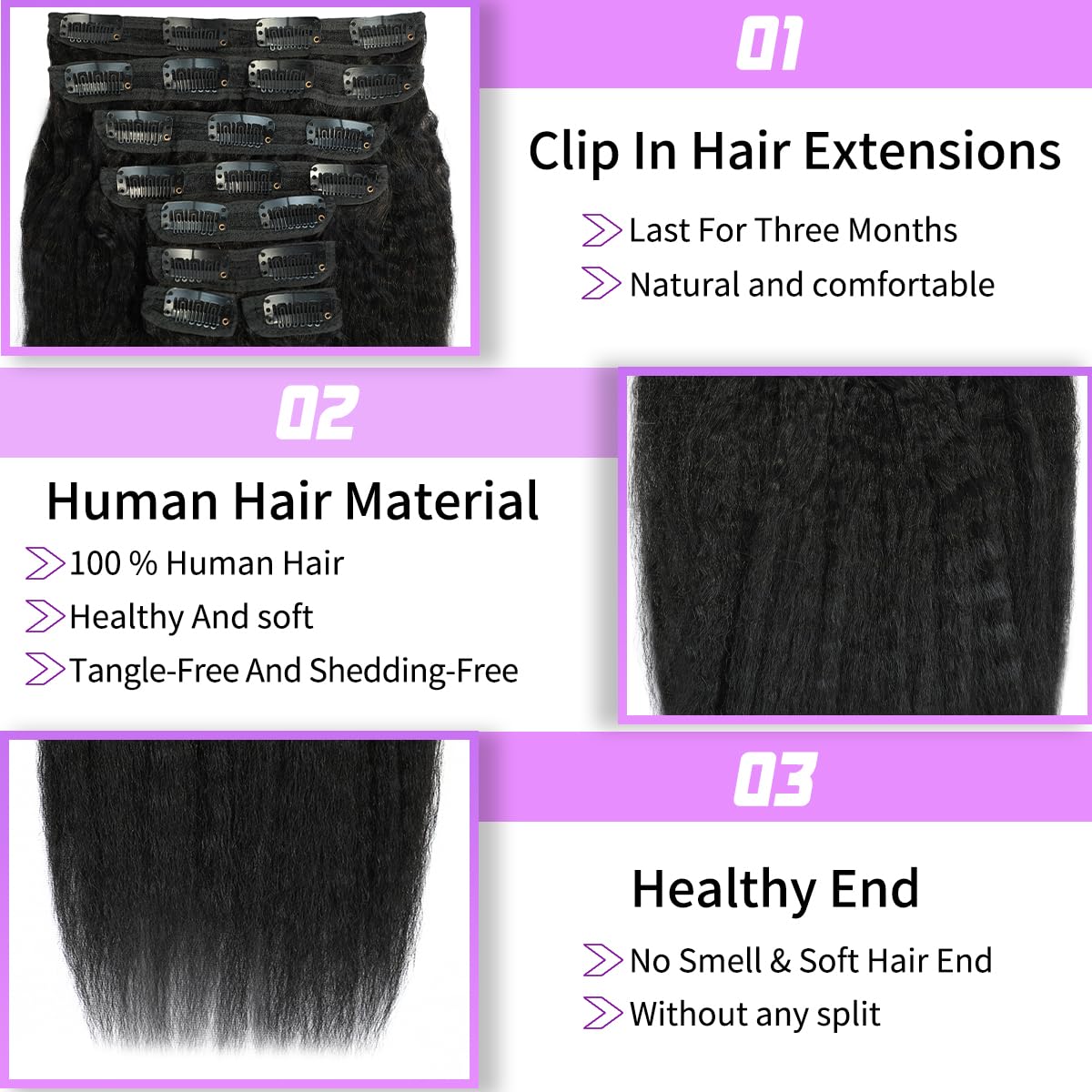 CALNESHIA 20 Inch Kinky Straight Clip in Hair Extensions Real Human Hair Yaki Straight Clip Ins Human Hair Extension Seamless Clip ins for Black Women 8Pcs 100g 20Clips Natural Black